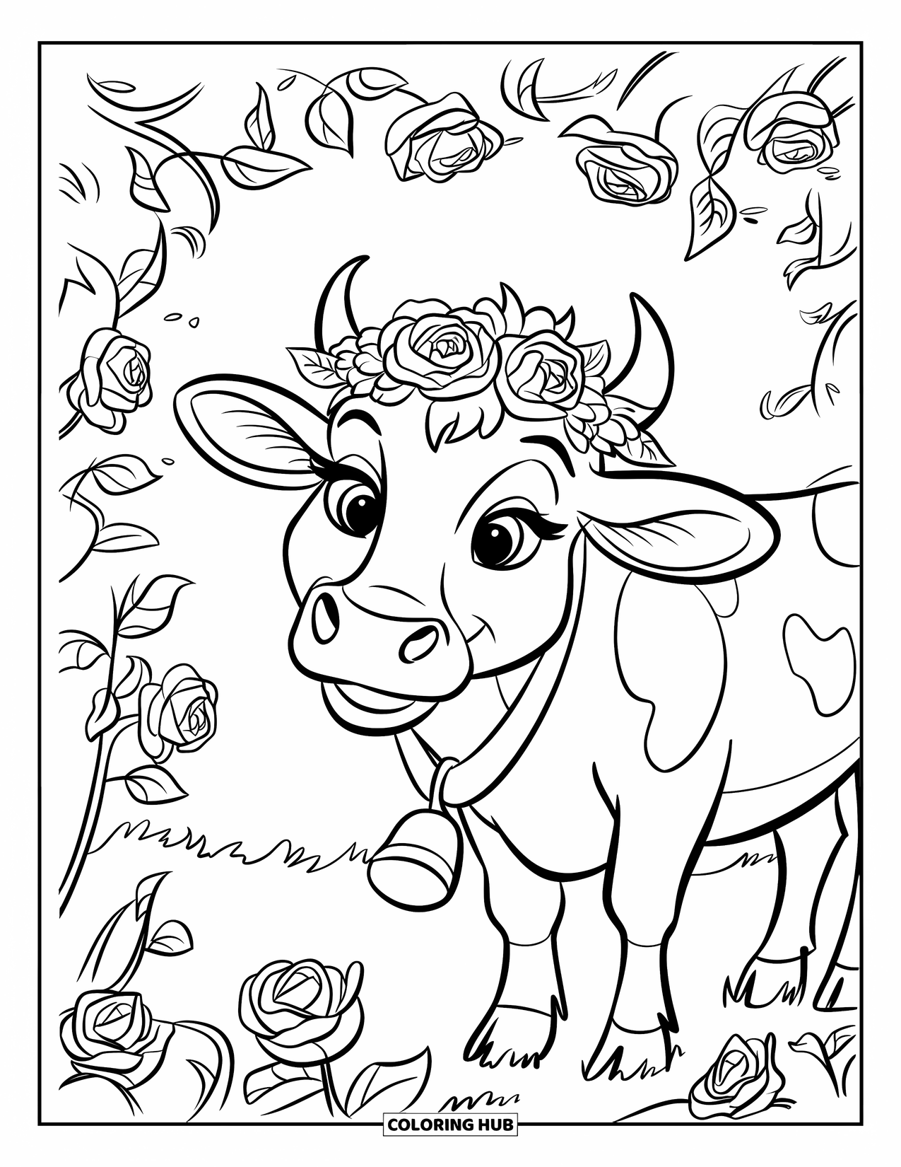 Cow Coloring Page for Kids: A cow with a floral crown stands among roses in a garden