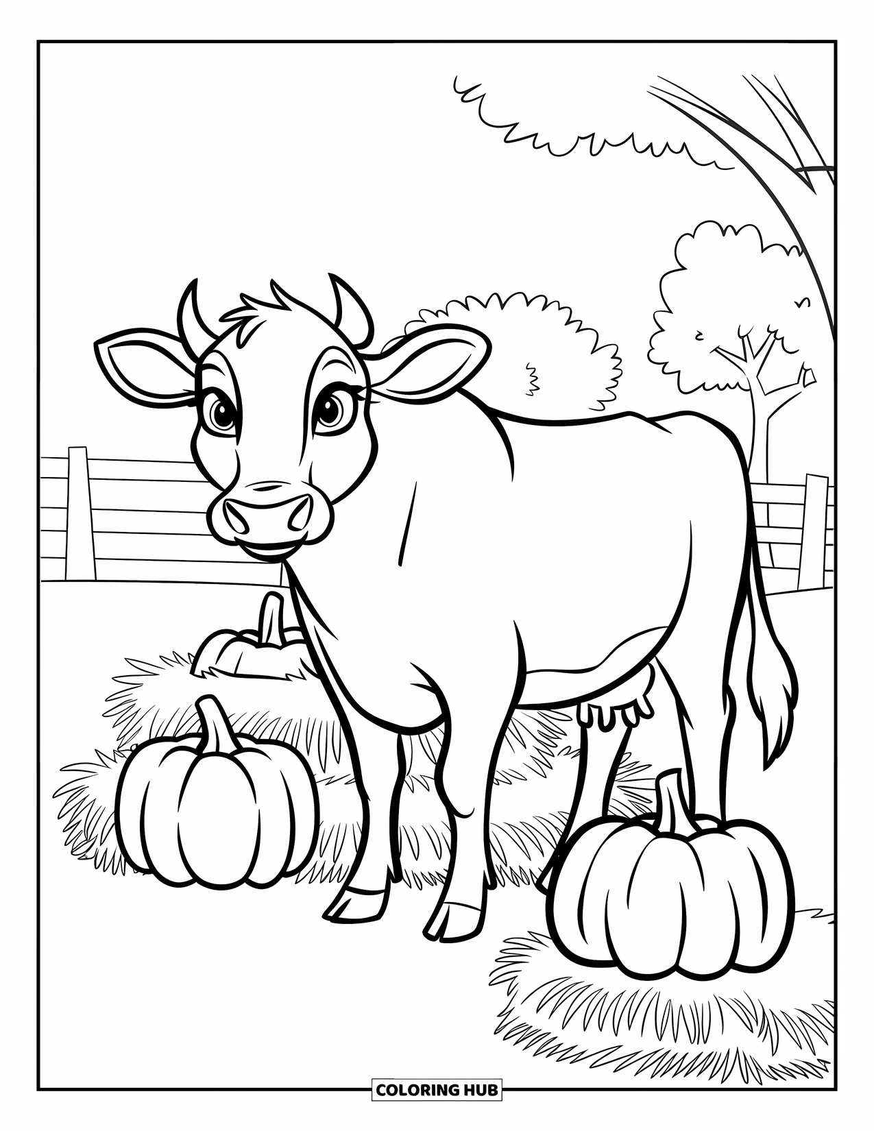 Cow Coloring Page for Kids: A cow with a happy face stands by pumpkins and hay bales