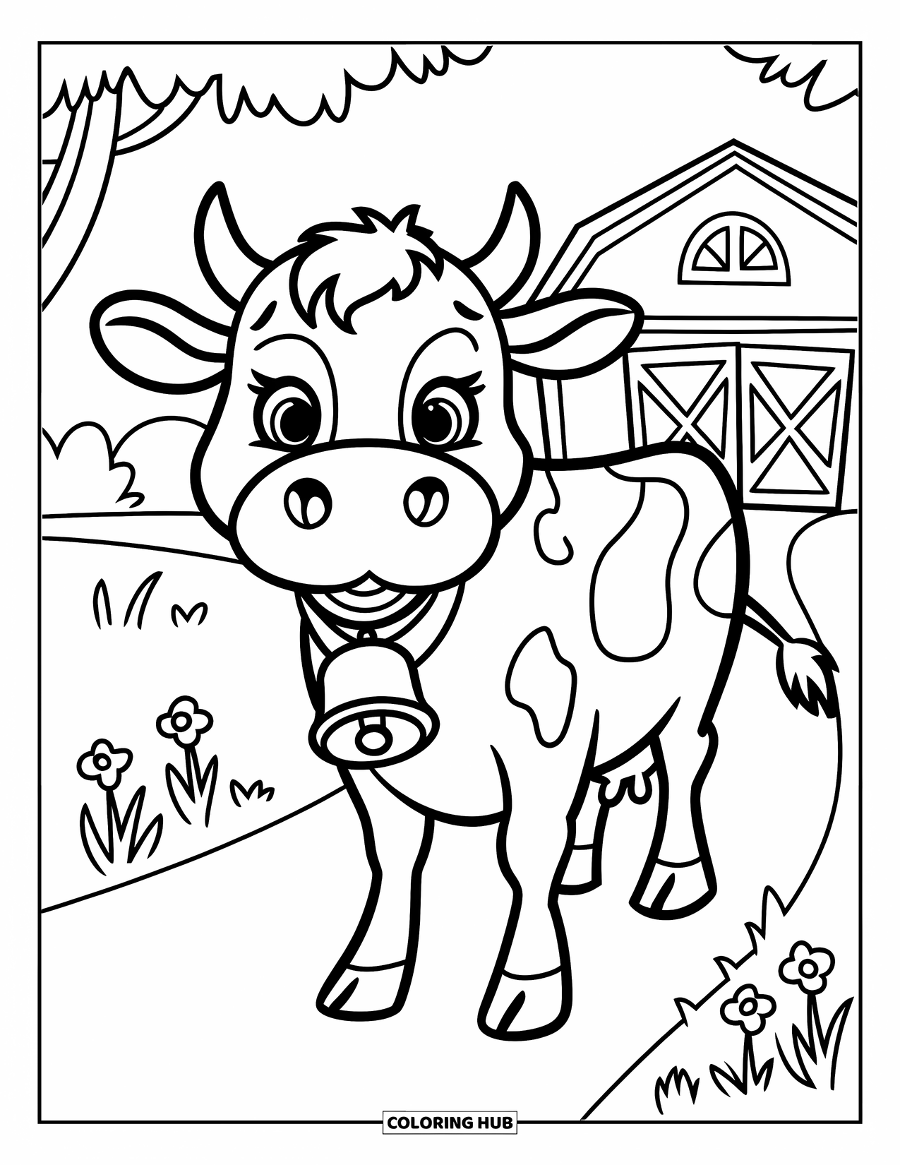 Cow Coloring Page for Kids: A cow with a heart-shaped nose stands on a path by flowers