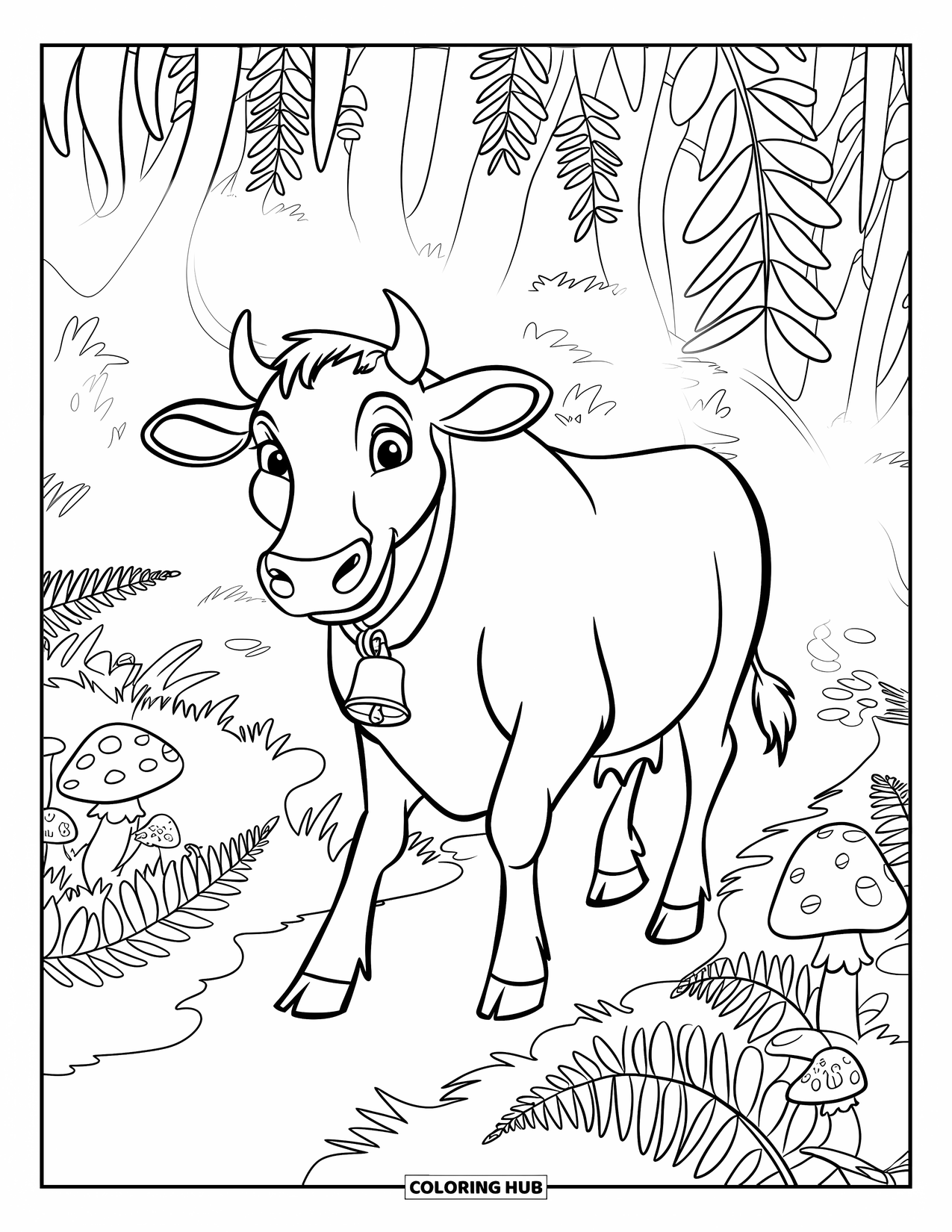 Cow Coloring Page for Kids: A cow with a shirt and bell walks through a misty forest