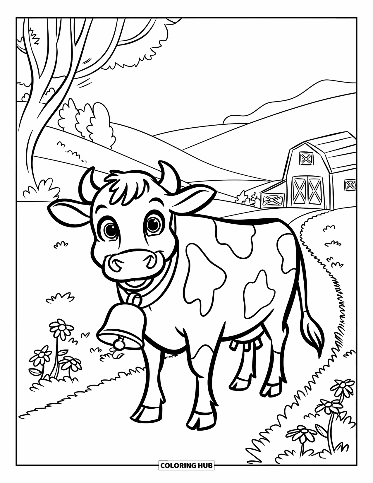 Cow Coloring Page for Kids: A cow with a smile stands on a path lined with flowers
