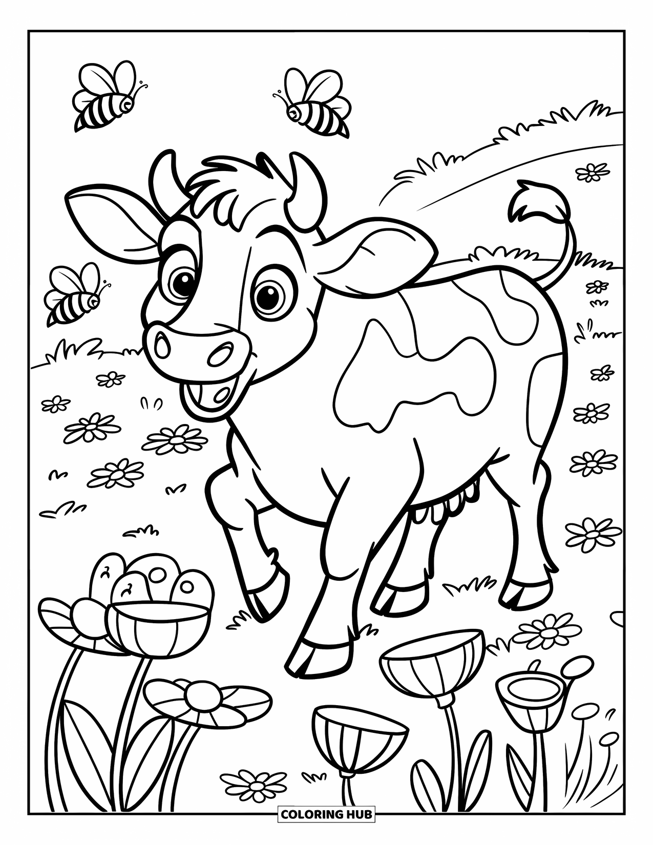 Cow Coloring Page for Kids: A cow with a surprised face explores a meadow of flowers