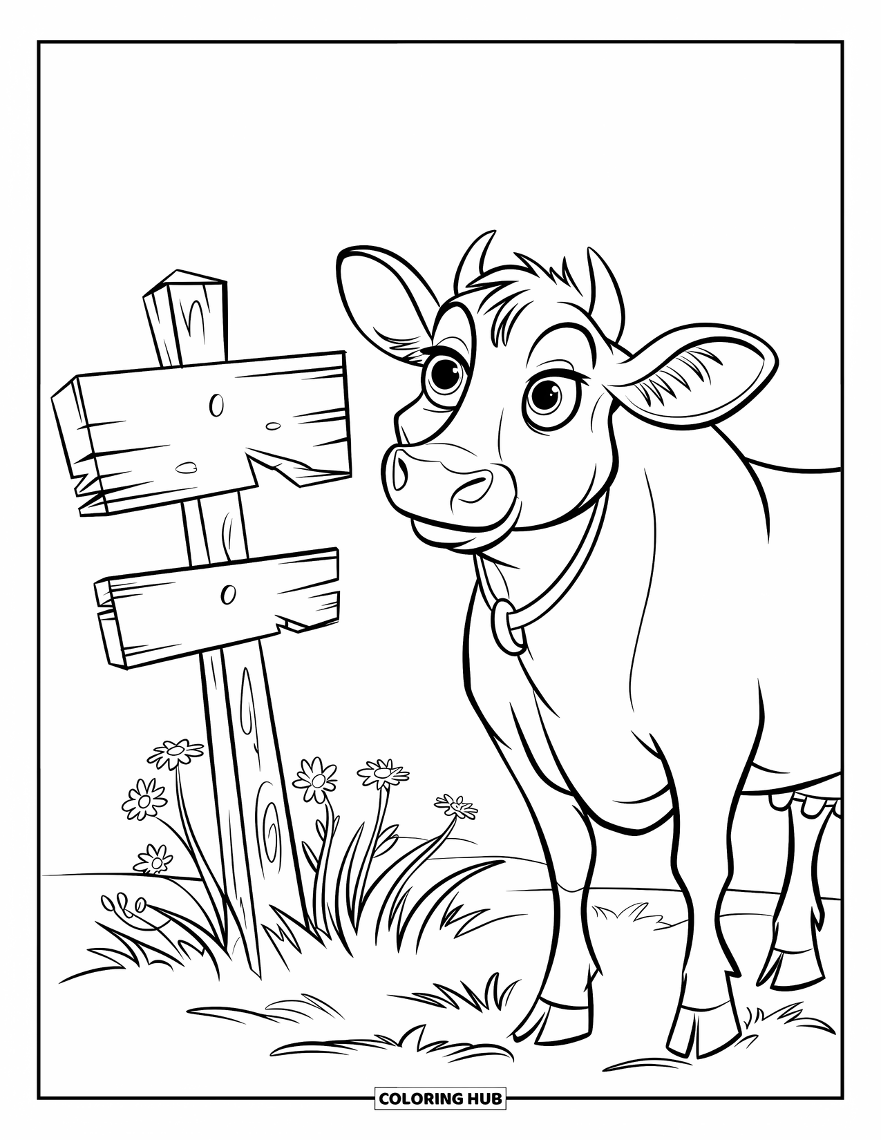 Cow Coloring Page for Kids: A cow with a yellow collar stands by a wooden barn sign