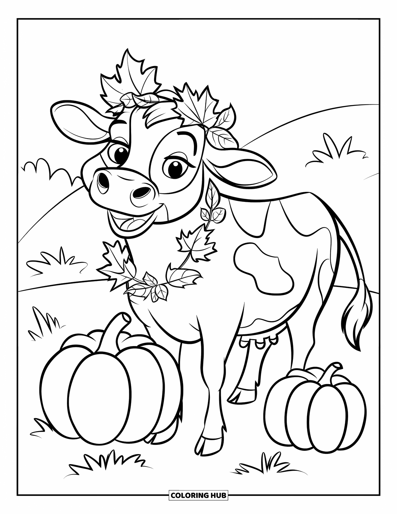 Cow Coloring Page for Kids: A cow with autumn leaves stands by pumpkins in a grassy field