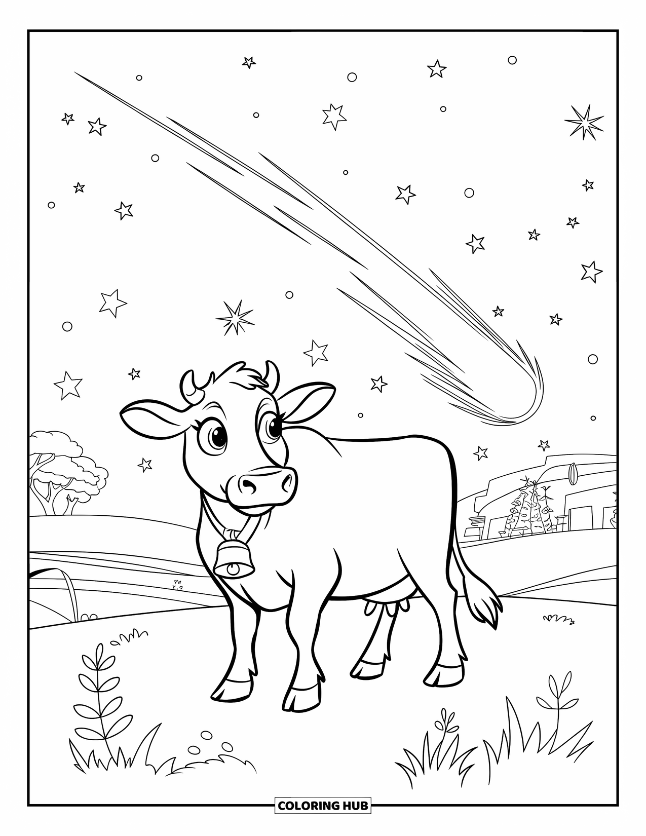 Cow Coloring Page for Kids: A cow with big eyes and a bell stands under a starry sky