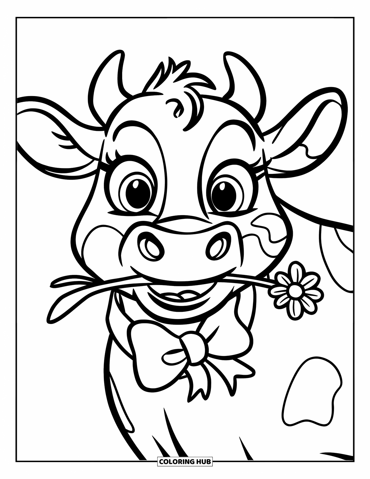 Cow Coloring Page for Kids: A cow with big eyes holds a flower in its mouth