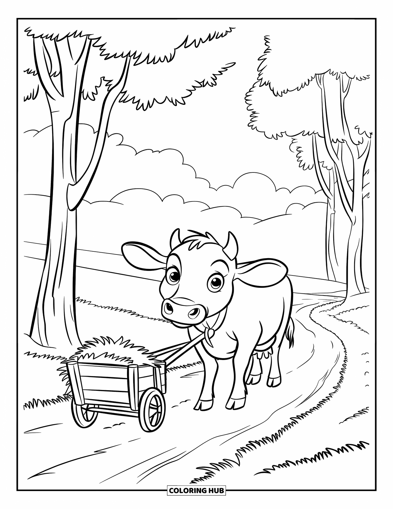 Cow Coloring Page for Kids: A cow with big eyes pulls a hay cart by trees and a farmhouse