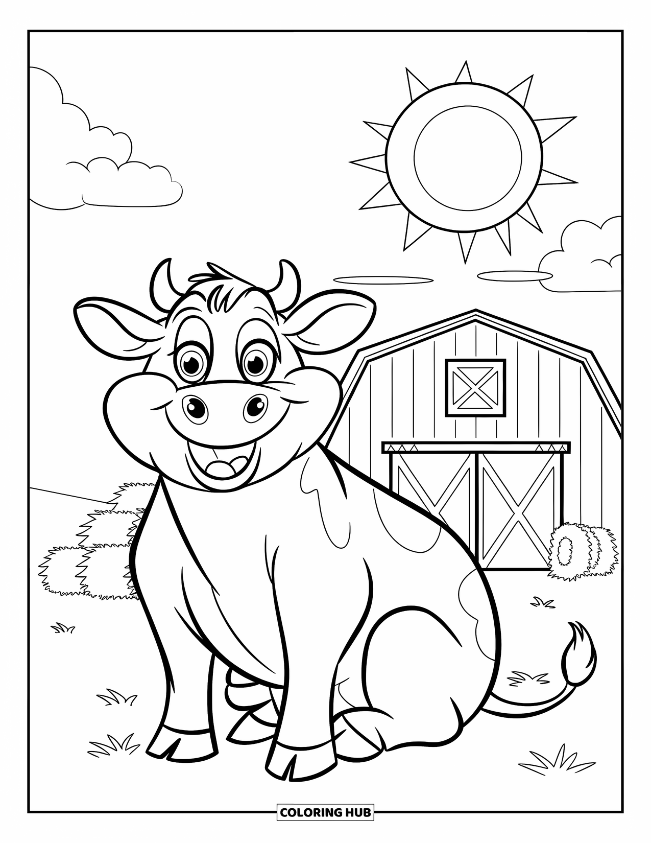 Cow Coloring Page for Kids: A cow with big eyes sits by a barn under the sun