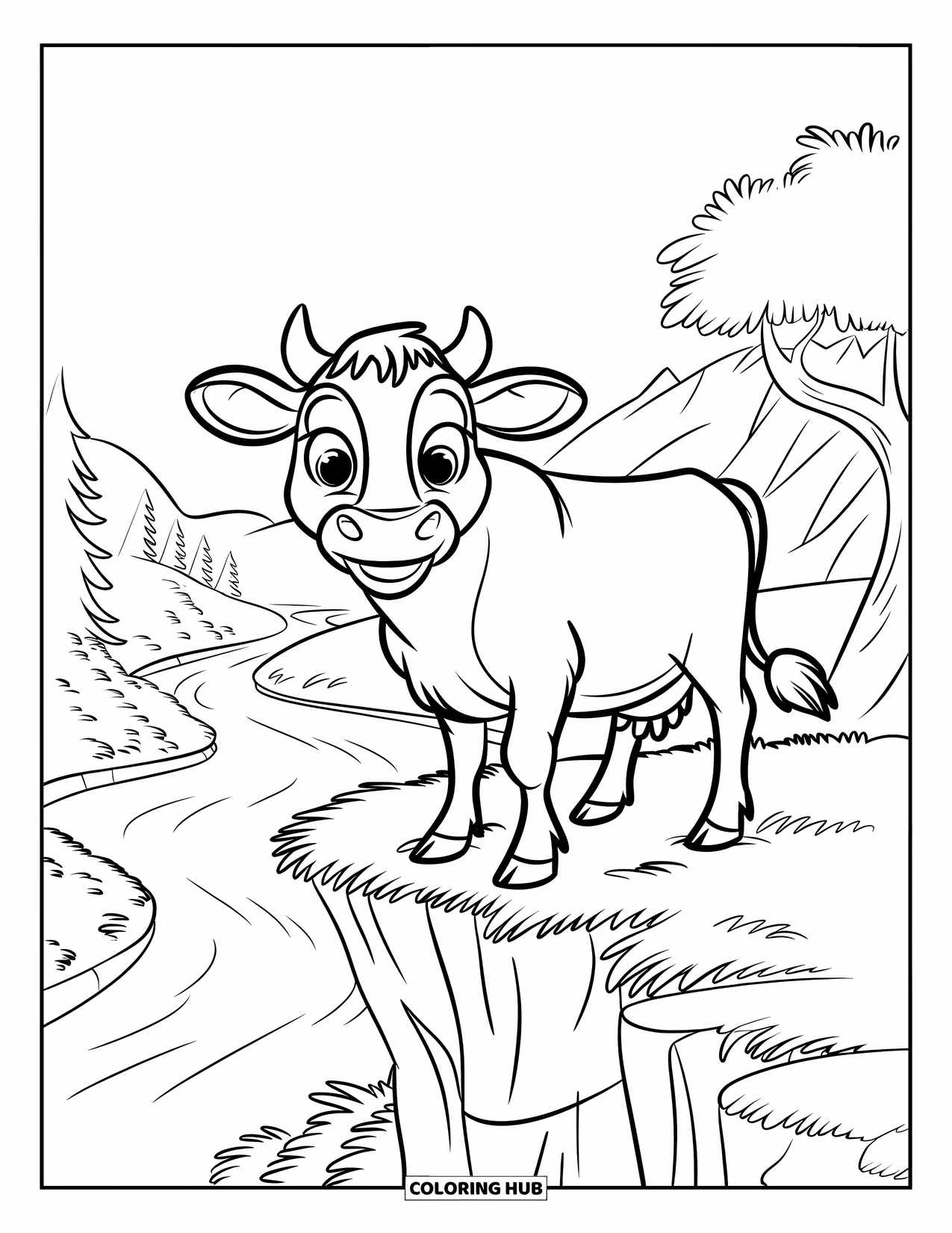 Cow Coloring Page for Kids: A cow with big eyes smiles by a river and mountains