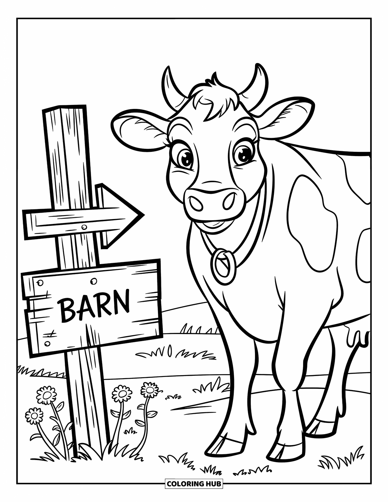 Cow Coloring Page for Kids: A cow with big eyes stands by a barn sign and wildflowers