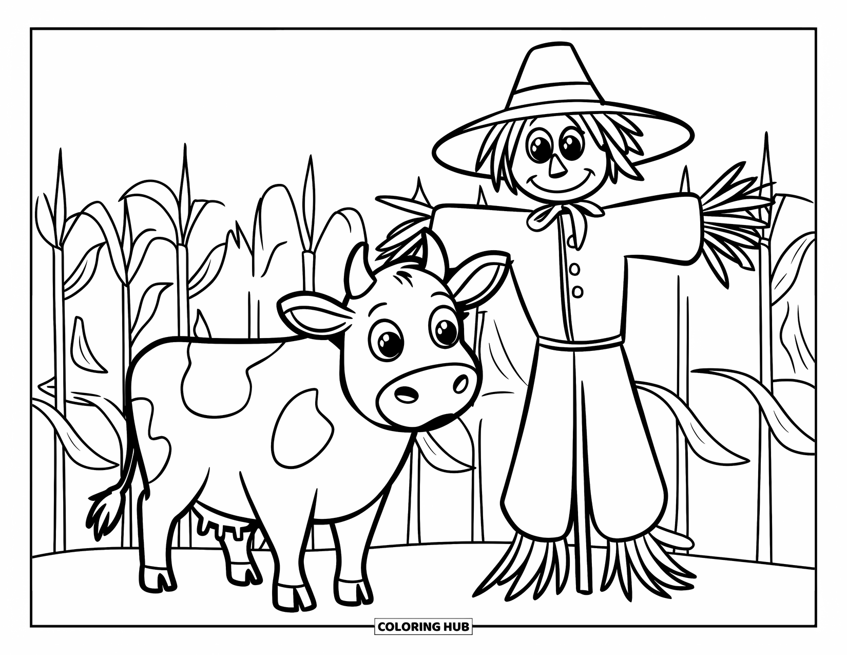 Cow Coloring Page for Kids: A cow with big eyes stands by a scarecrow in a cornfield
