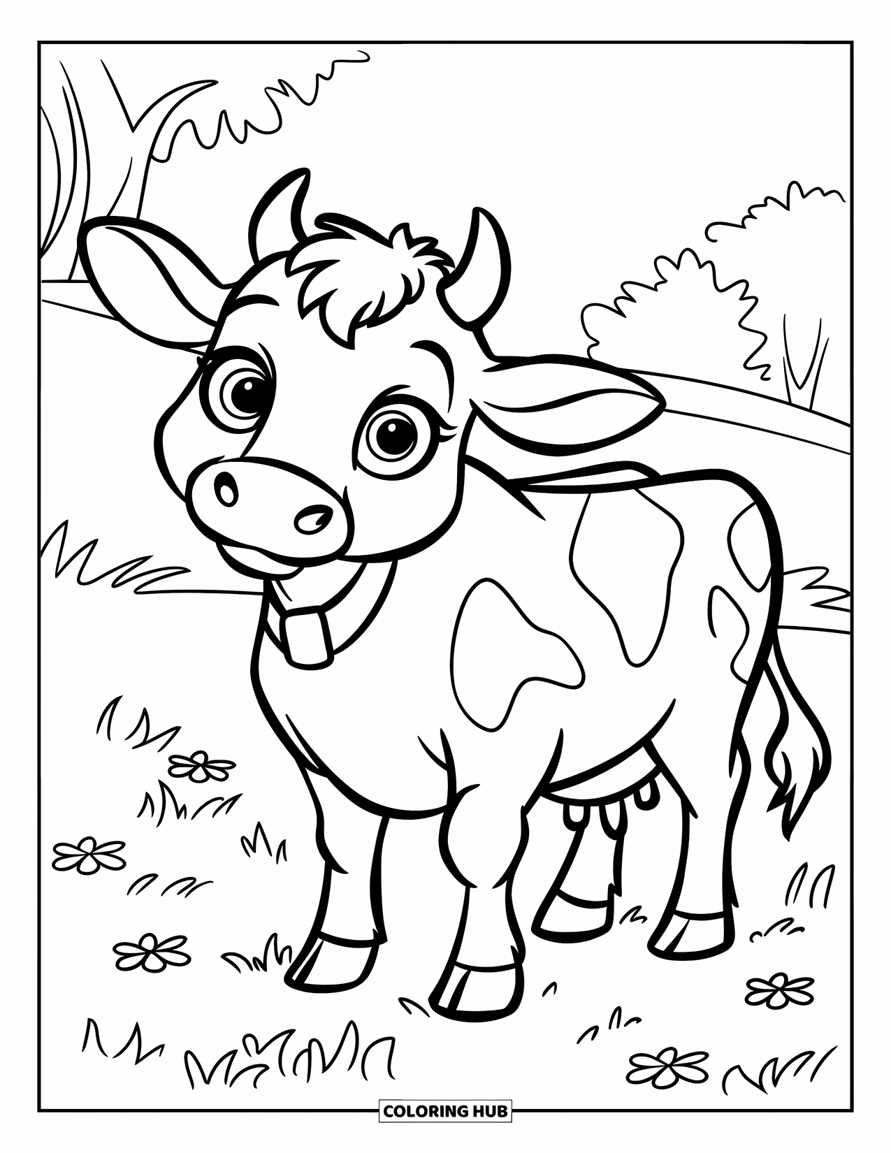 Cow Coloring Page for Kids: A cow with big eyes stands in a grassy field with flowers
