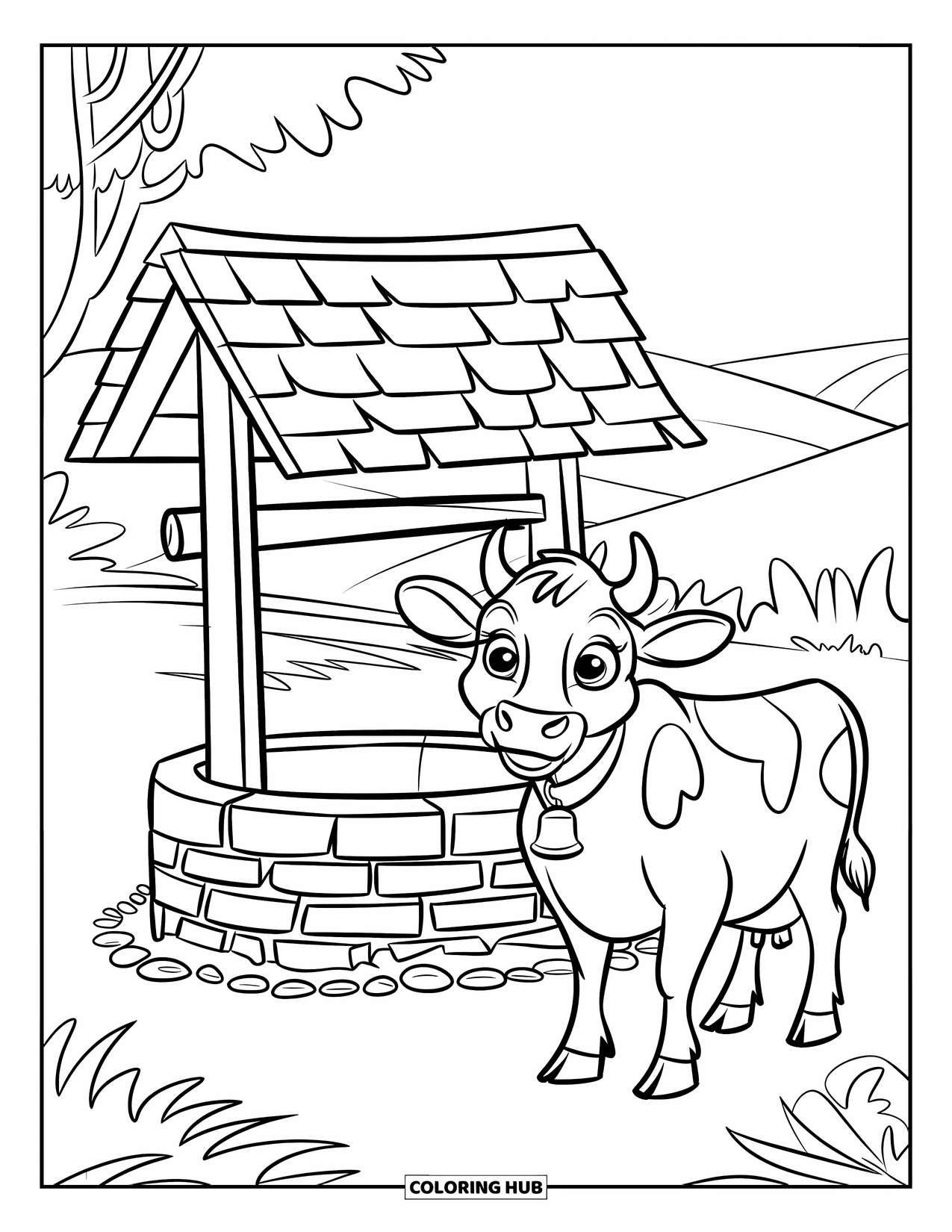 Cow Coloring Page for Kids: A cow with big eyes stands near a cobblestone well