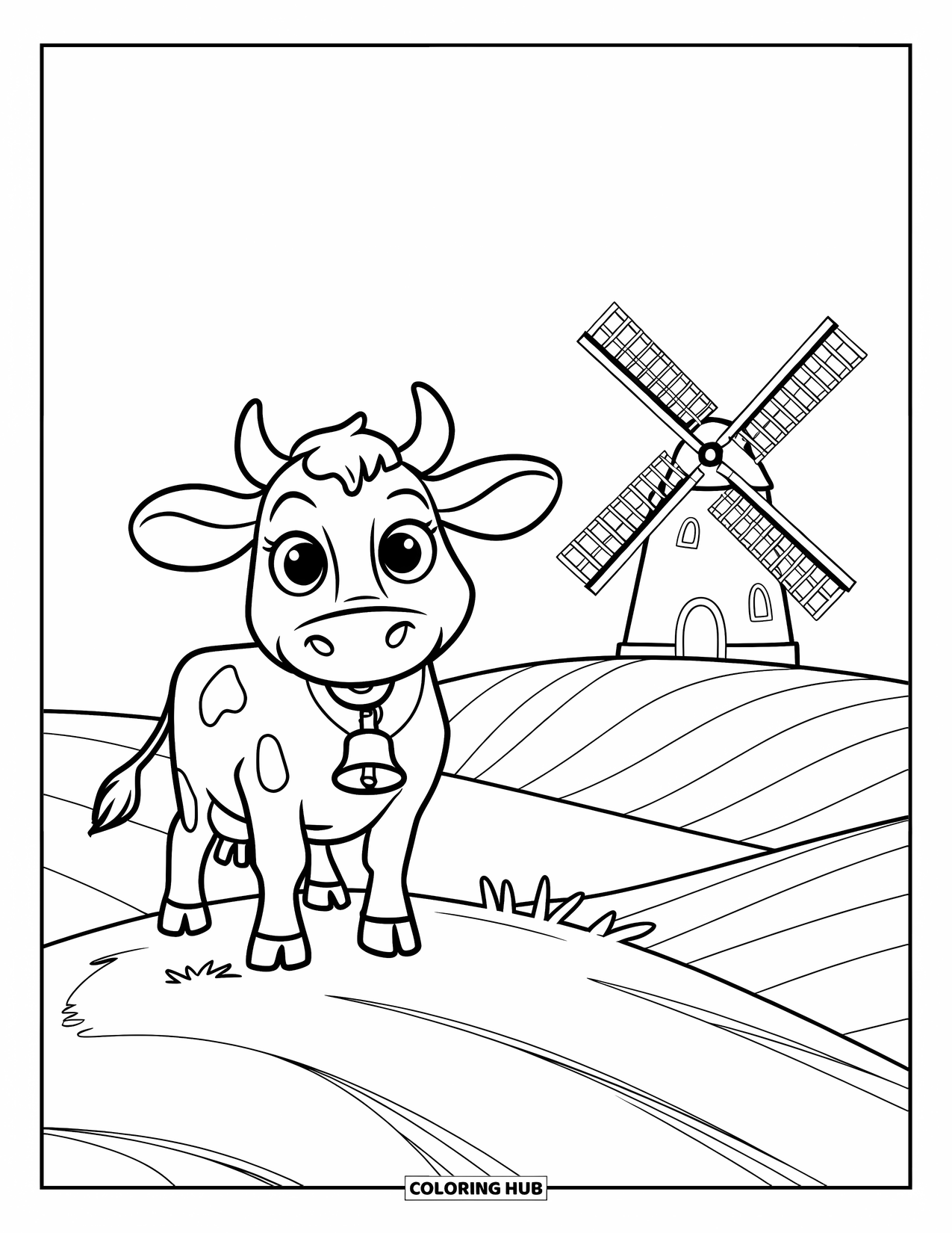 Cow Coloring Page for Kids: A cow with big eyes stands on a hill with a windmill nearby