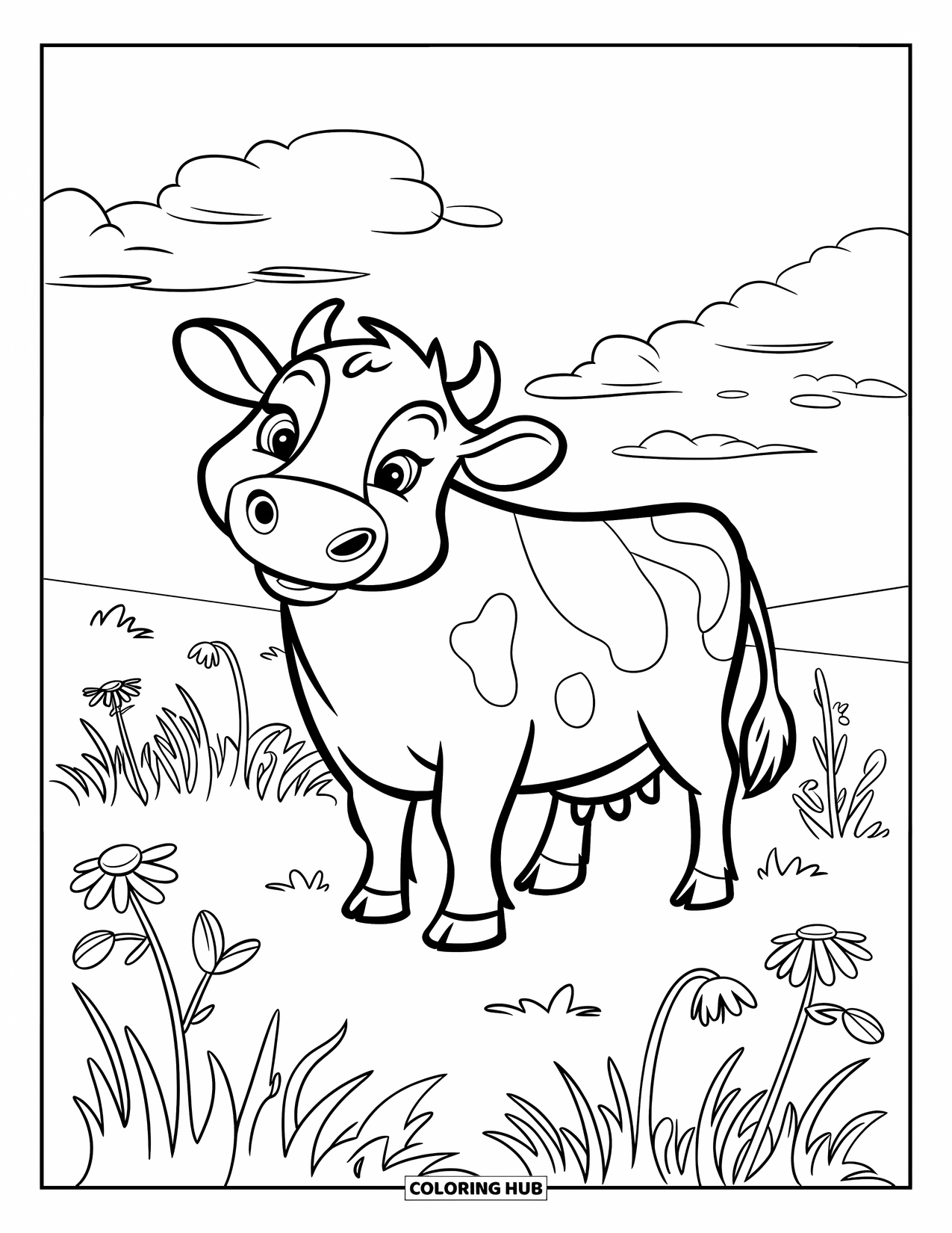 Cow Coloring Page for Kids: A cow with bold outlines stands among flowers in a grassy field