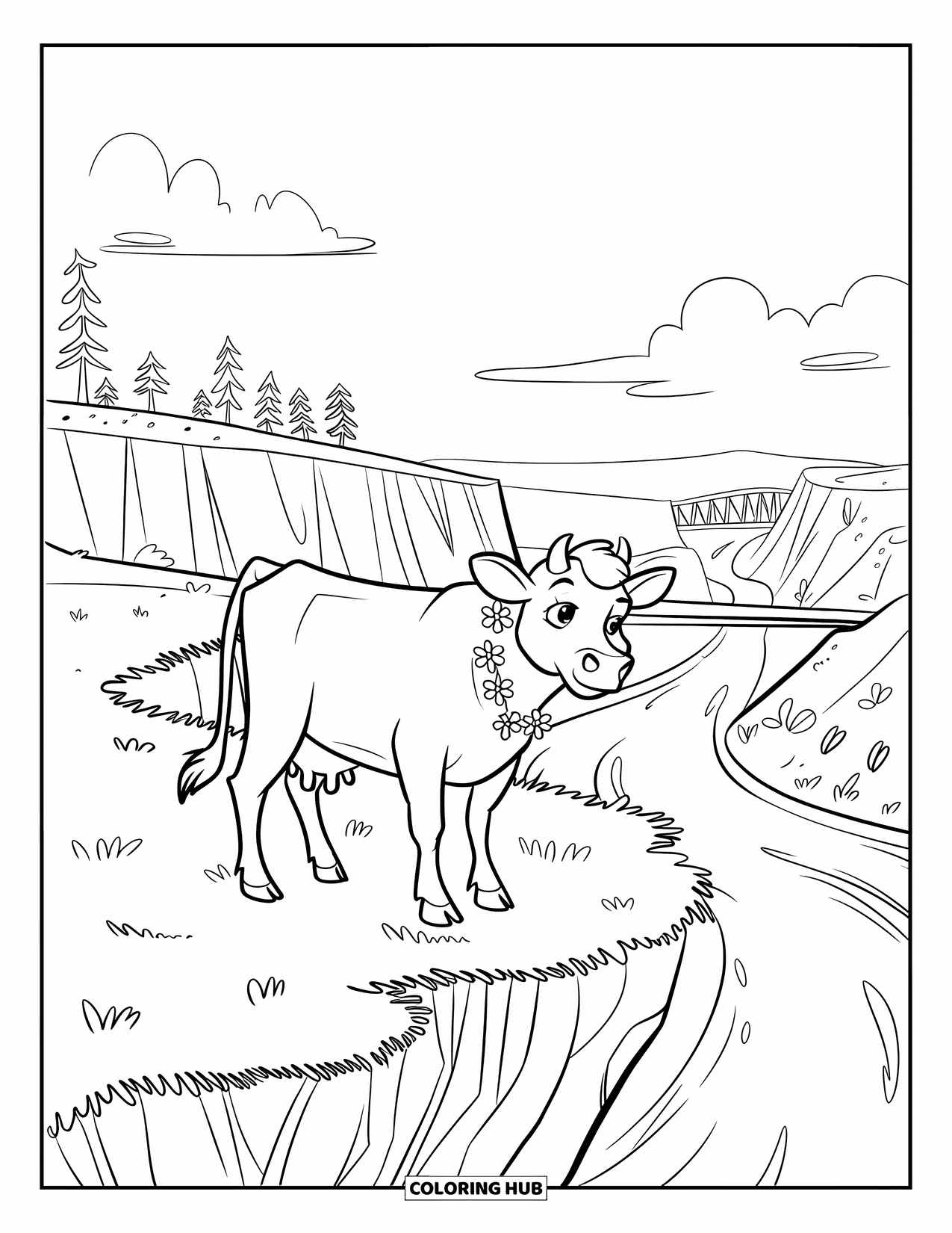 Cow Coloring Page for Kids: A cow with flowers on its collar stands by a winding river