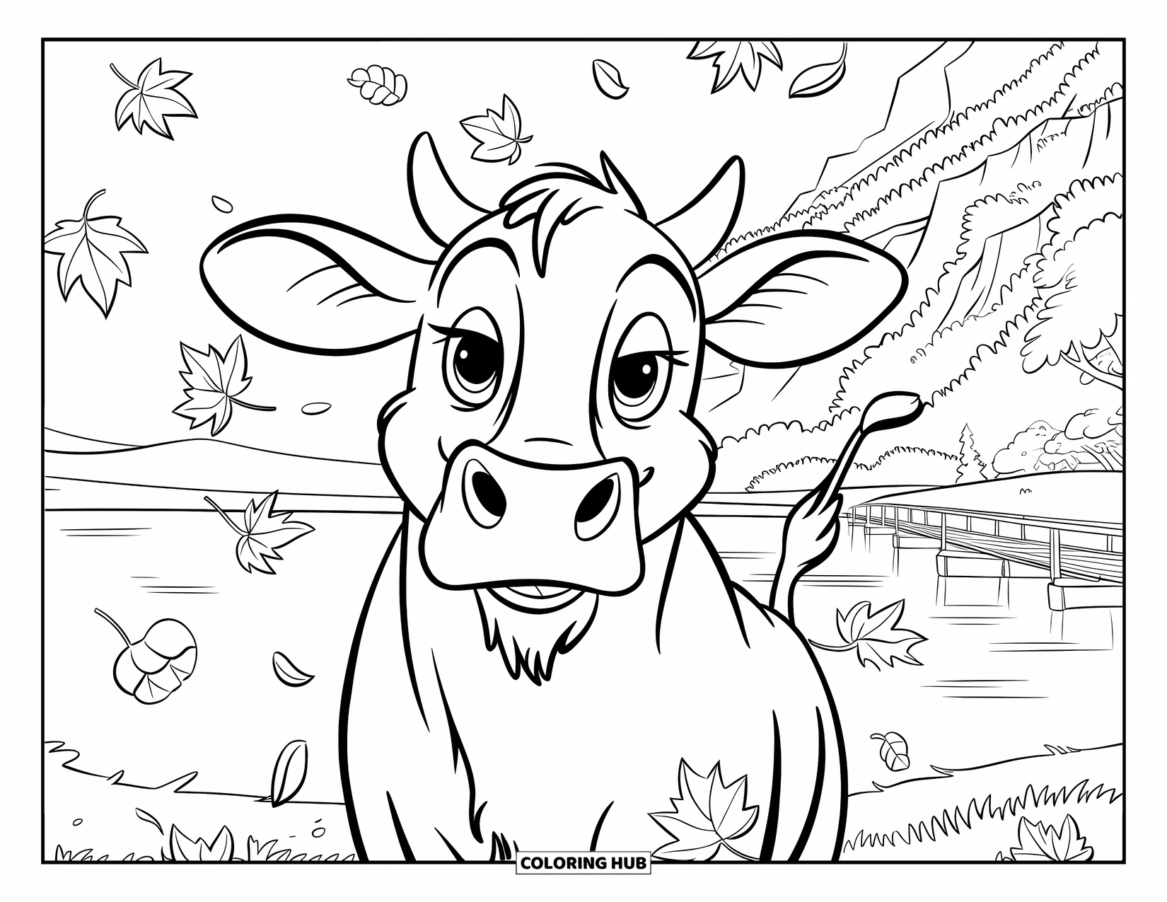 Cow Coloring Page for Kids: A cow with gentle eyes stands by a lake with a wooden bridge