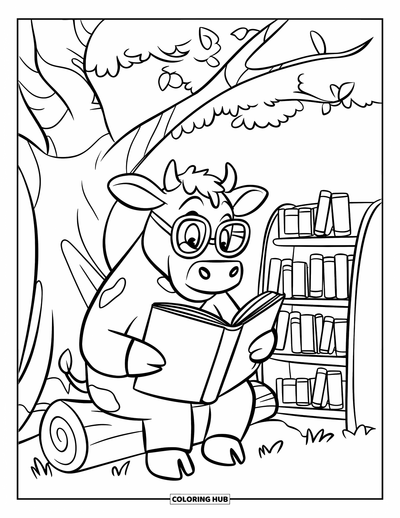 Cow Coloring Page for Kids: A cow with glasses reads a book on a log by a tree