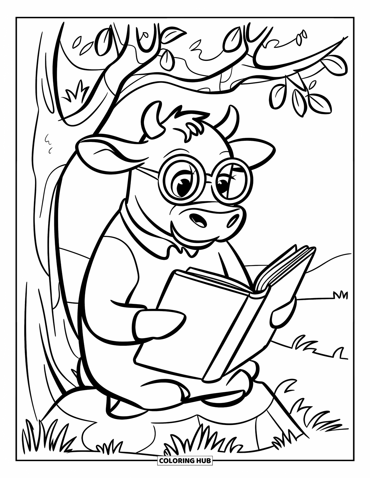 Cow Coloring Page for Kids: A cow with glasses sits on a rock reading a book