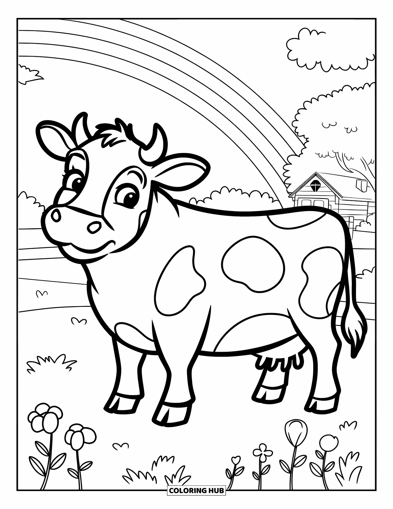 Cow Coloring Page for Kids: A cow with patches stands cheerfully on a grassy hill