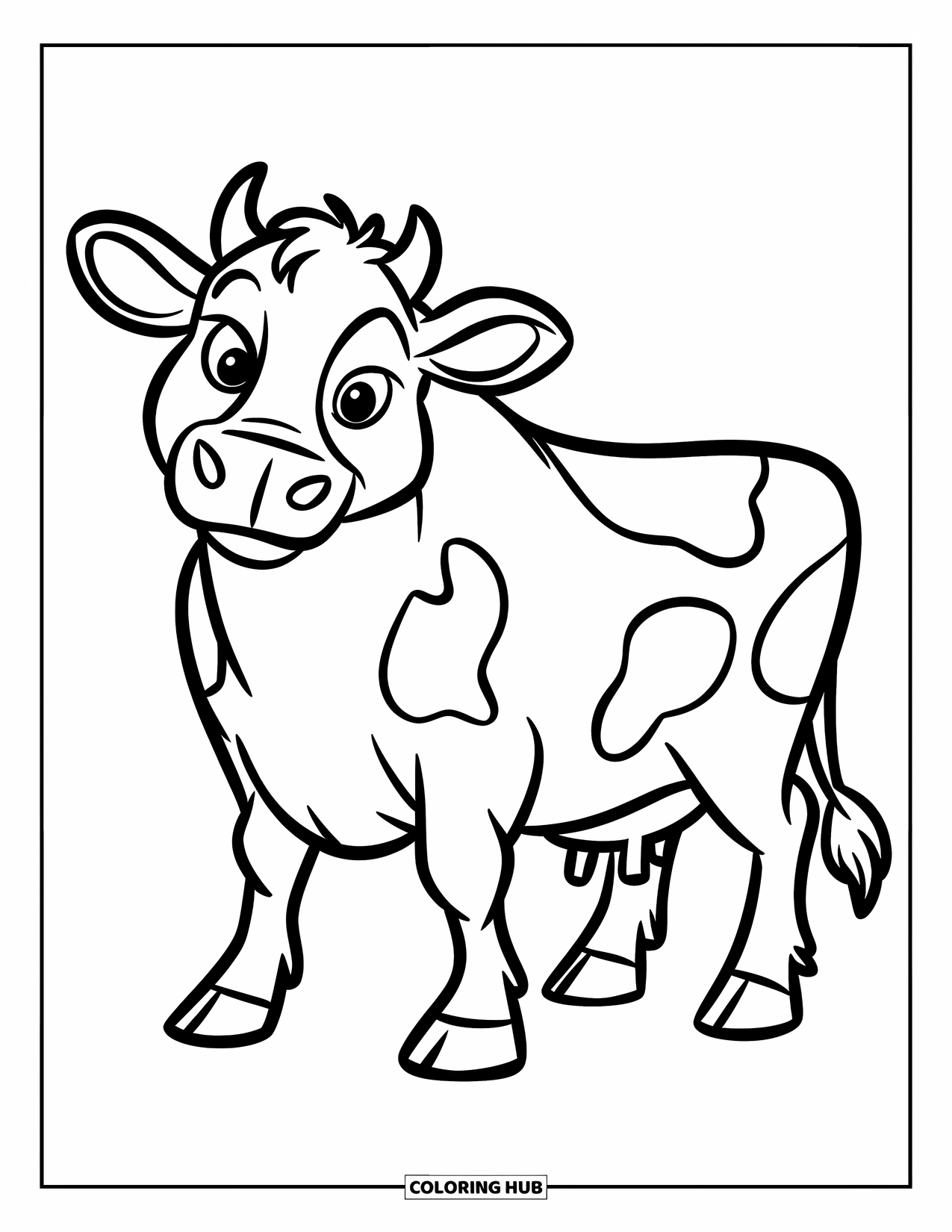 Cow Coloring Page for Kids: A cow with patches stands happily in a grassy field