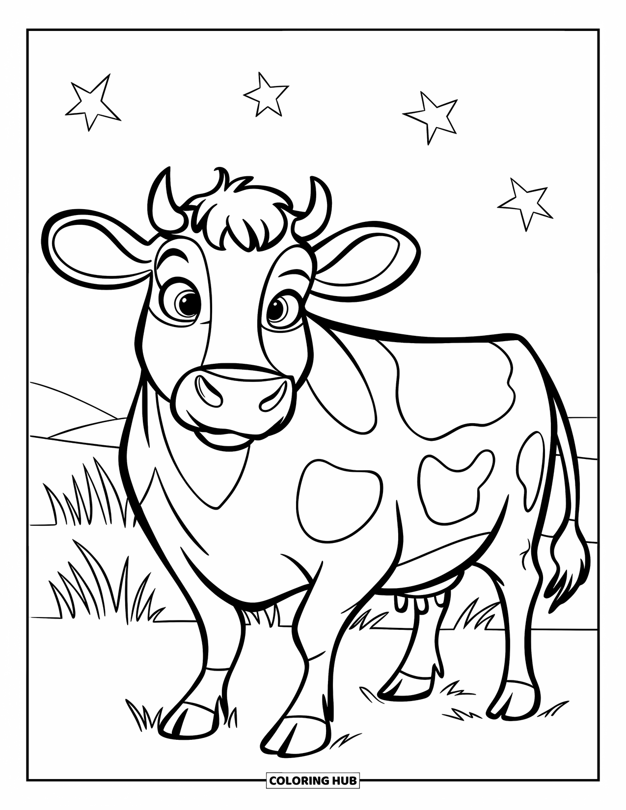 Cow Coloring Page for Kids: A cow with patches stands on a field with a rainbow and a house