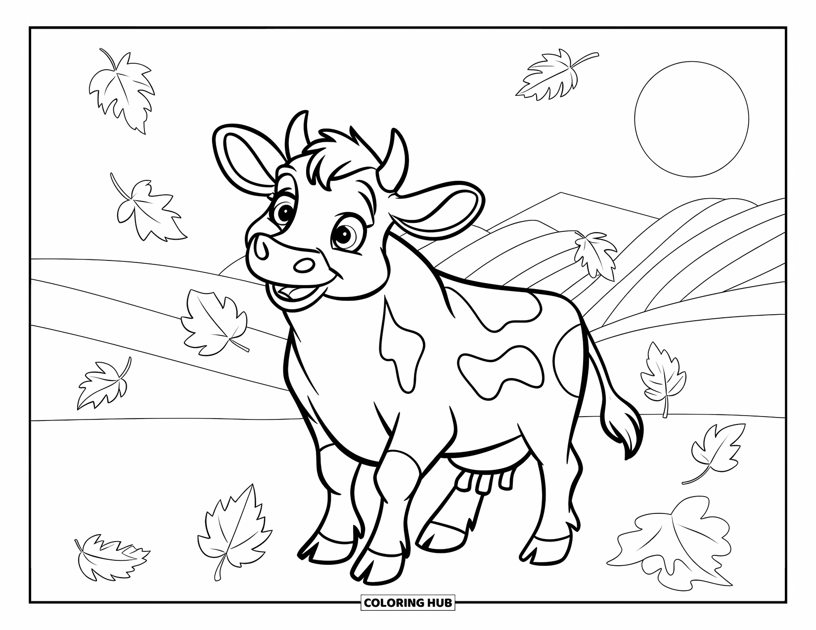 Cow Coloring Page for Kids: A cow with soft eyes stands among falling autumn leaves