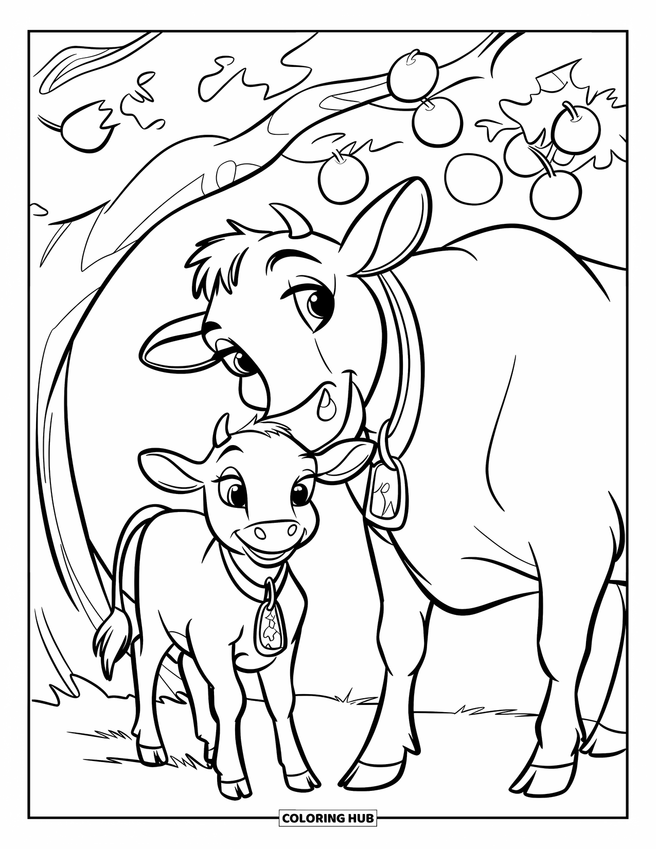 Cow Coloring Page for Kids: A mother cow gently holds her baby cow's head under a tree