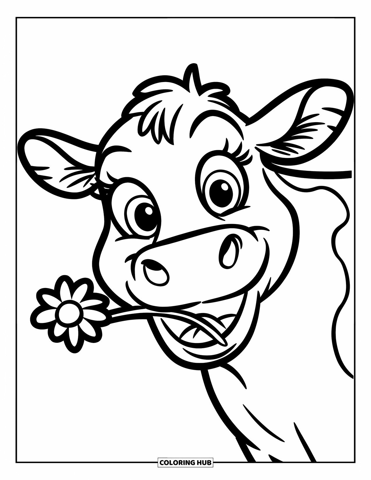 Cow Coloring Page for Kids: A smiling cow holds a tiny flower in its mouth