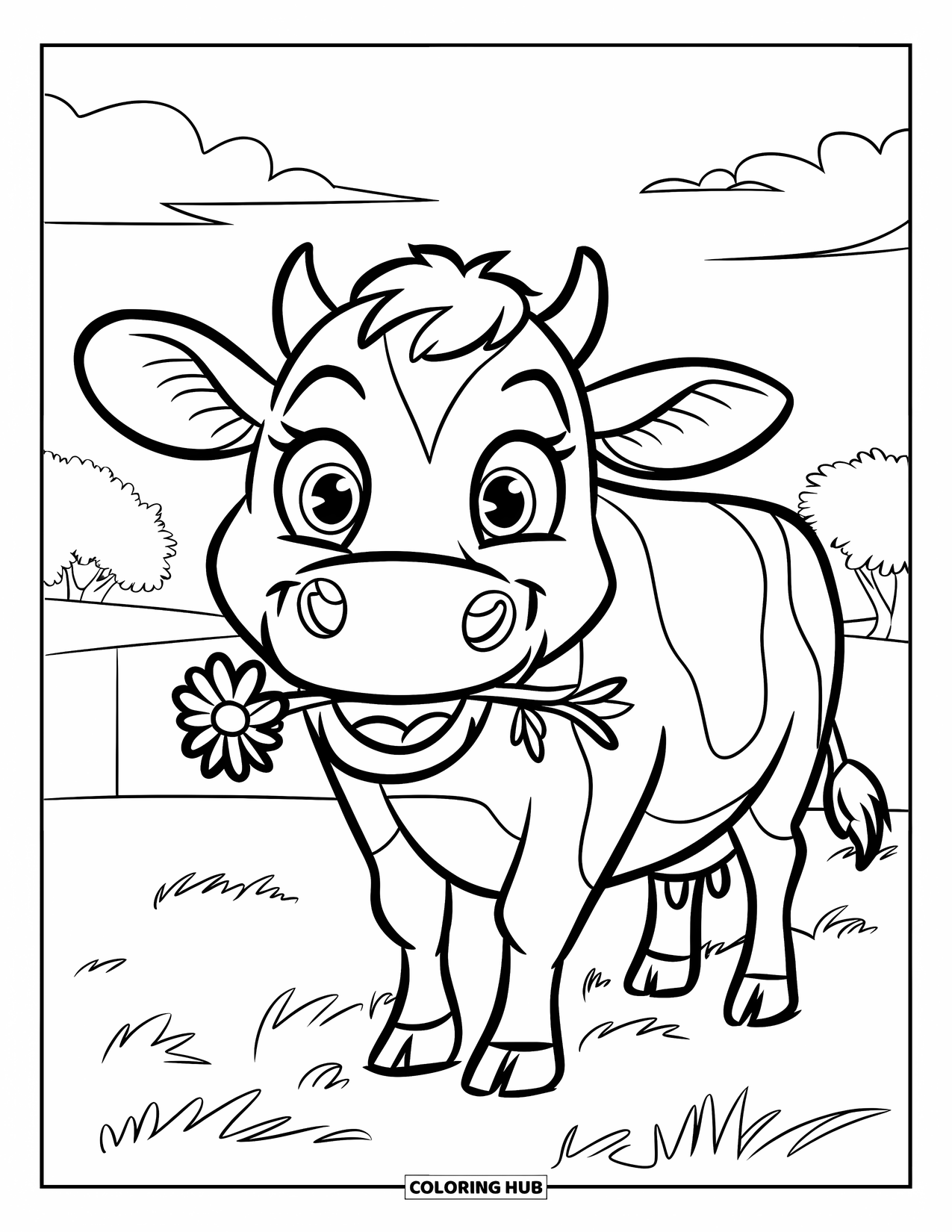 Cow Coloring Page for Kids: A smiling cow with a flower stands in a grassy field