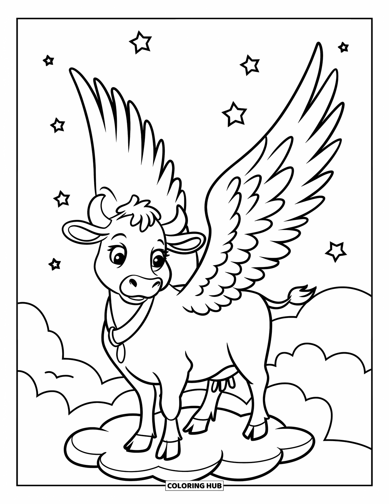 Cow Coloring Page for Kids: A winged cow stands on a cloud surrounded by stars