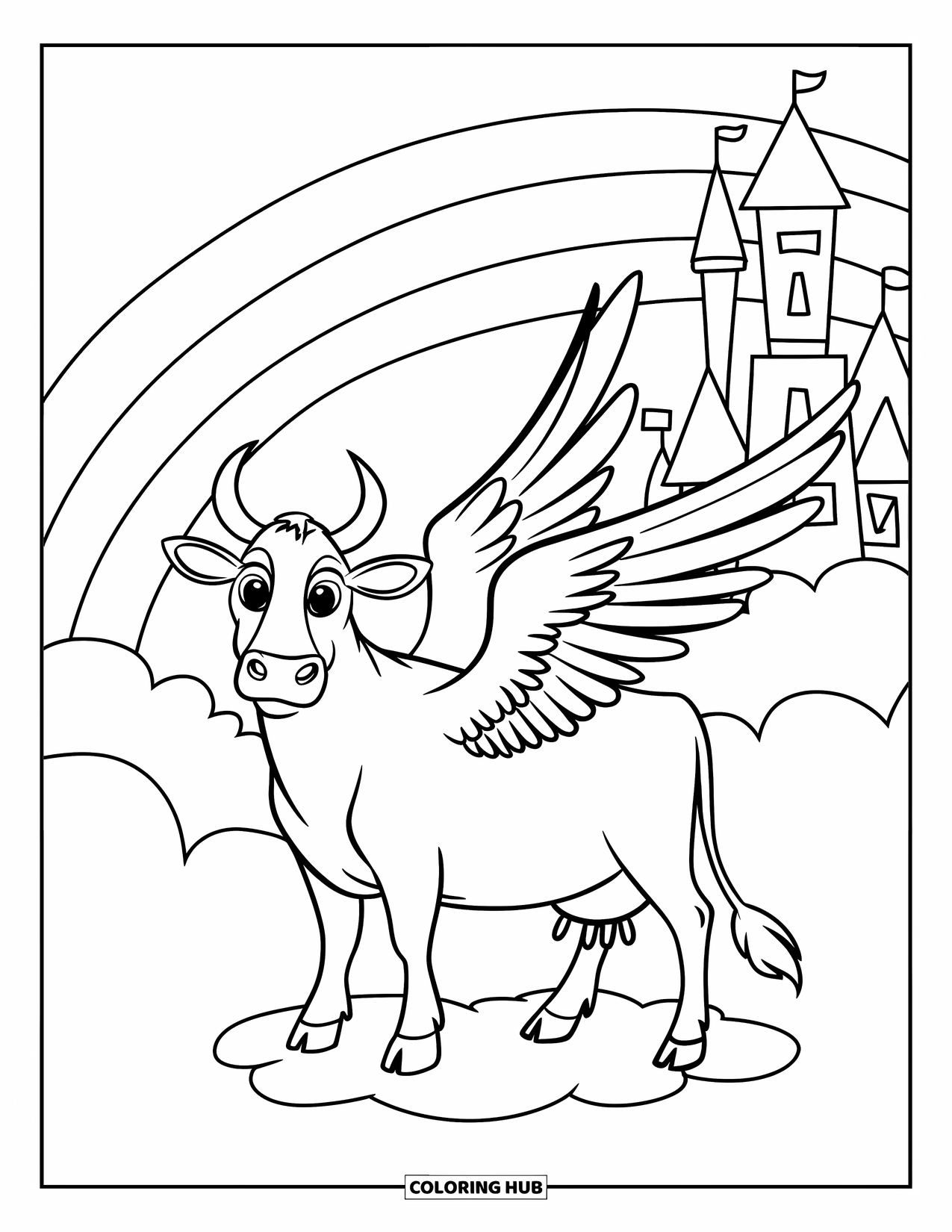 Cow Coloring Page for Kids: A winged cow stands on a cloud with a halo and a rainbow