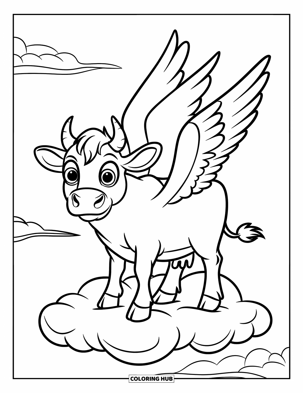 Cow Coloring Page for Kids: A winged cow with big eyes stands on a soft cloud
