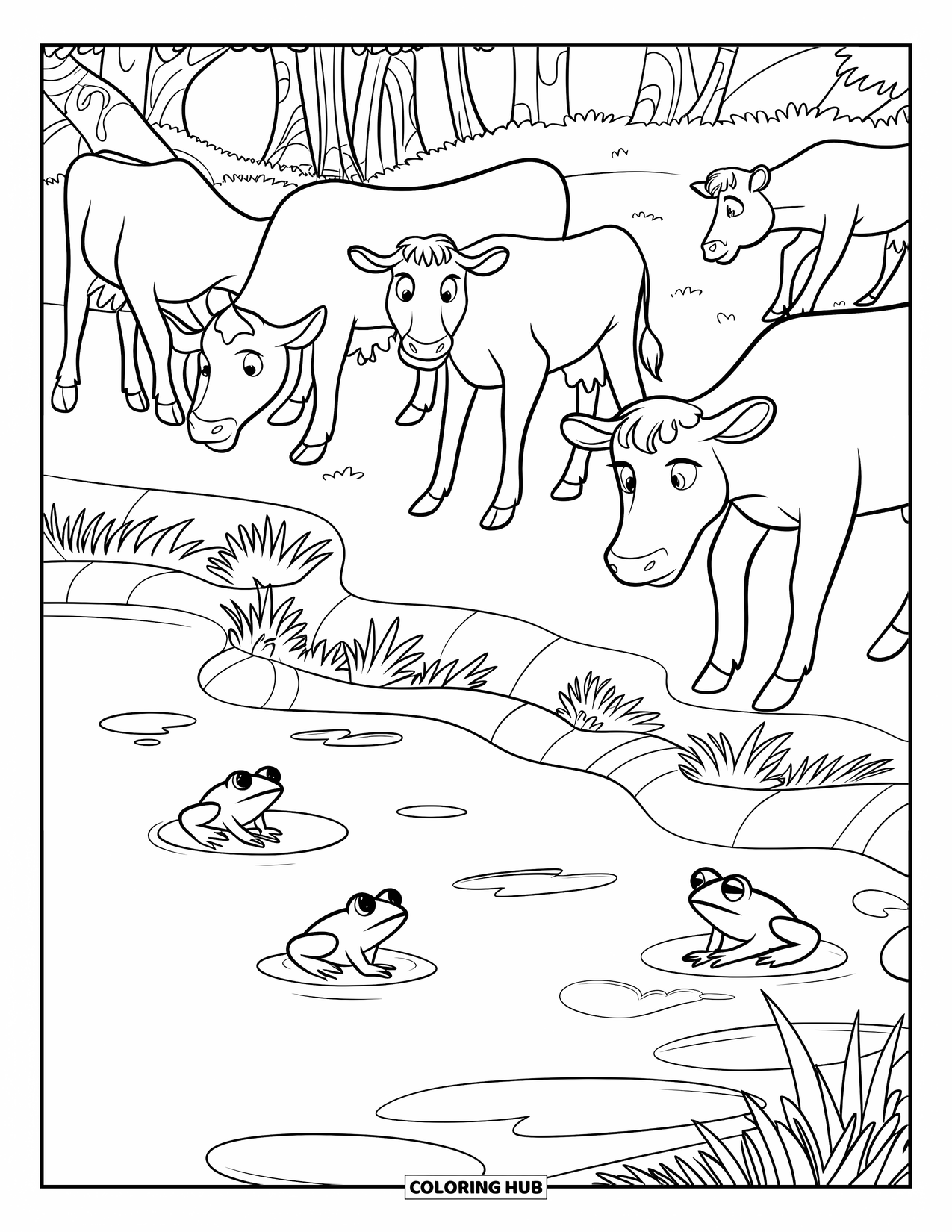 Cow Coloring Page for Kids: Cows graze by a calm pond with frogs nearby