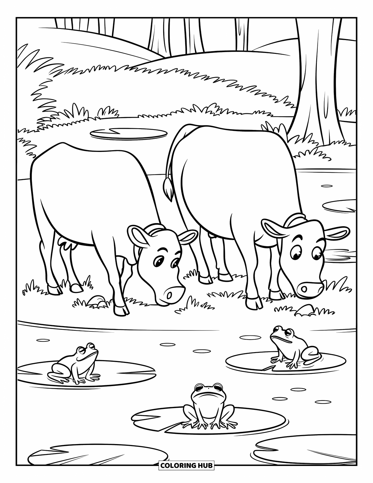 Cow Coloring Page for Kids: Cows with collars graze by a pond with frogs and trees