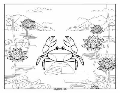 Crab Coloring Page for Adults: A calm crab rests on a rock surrounded by lotus flowers and a serene landscape