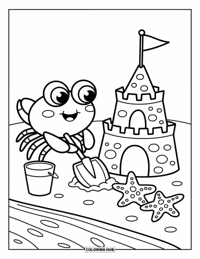 Crab Coloring Page for Adults: A cheerful crab builds a sandcastle as starfish look on and waves bubble nearby