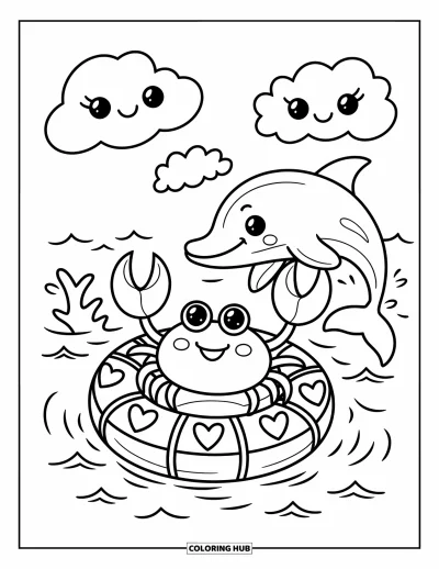 Crab Coloring Page for Adults: A chill crab lounges on a lifebuoy as a dolphin and clouds join the fun