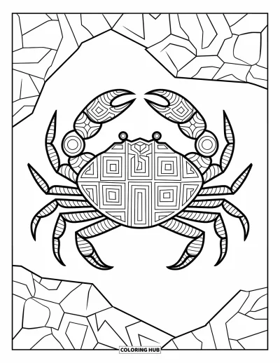 Crab Coloring Page for Adults: A crab covered in shapes walks on rocky ground with a clean, bold design