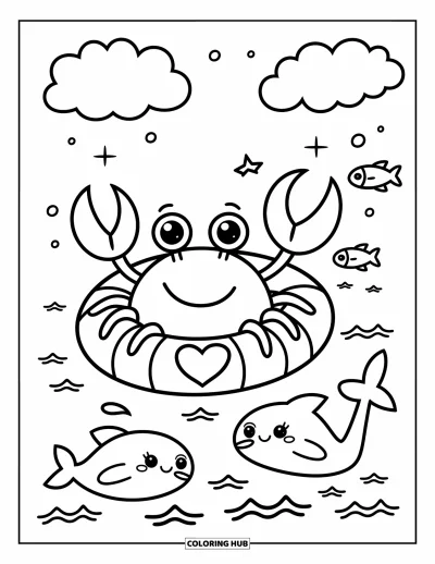 Crab Coloring Page for Adults: A crab floats calmly on a lifebuoy while a dolphin and fish splash around