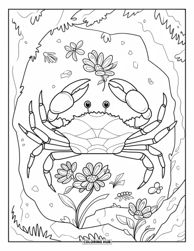 Crab Coloring Page for Adults: A crab gently holds a flower while sitting on mossy rocks with leaves around