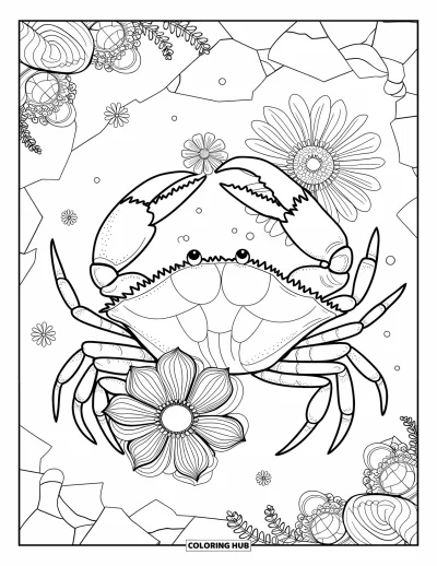 Crab Coloring Page for Adults: A crab holds a flower as it sits among blooms and vines near a stone wall