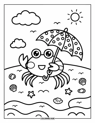 Crab Coloring Page for Adults: A crab holds a little umbrella on the beach with clouds and seashells all around