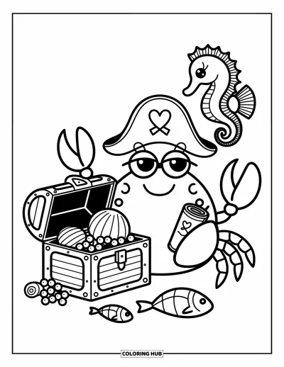 Crab Coloring Page for Adults: A crab in a pirate hat guards treasure with a seahorse and curious fish nearby