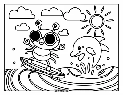 Crab Coloring Page for Adults: A crab in shades rides a surfboard with a dolphin jumping nearby and clouds above