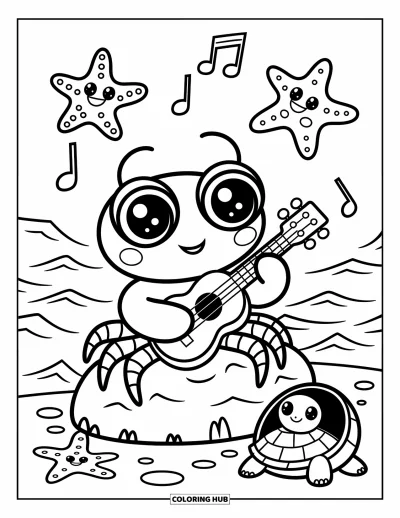 Crab Coloring Page for Adults: A crab plays a ukulele while starfish dance and a turtle watches from a shell