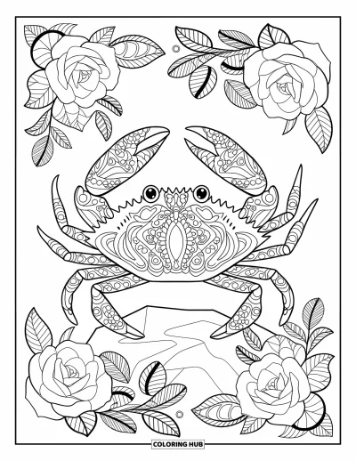 Crab Coloring Page for Adults: A crab rests on a rock surrounded by roses, vines, and leafy details