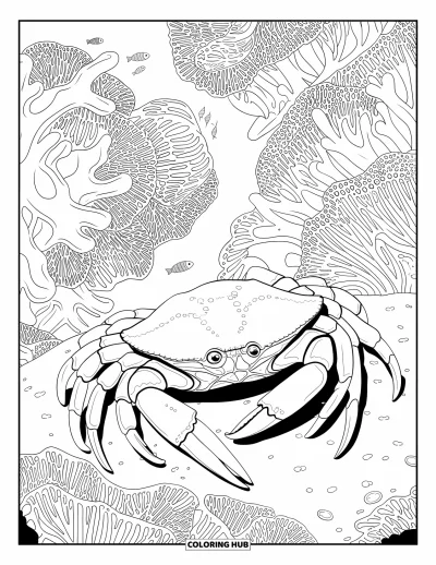 Crab Coloring Page for Adults: A crab rests on a rocky coral reef with small fish swimming nearby