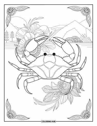 Crab Coloring Page for Adults: A crab sits among flowers, blending nature with sea life in a calm setting