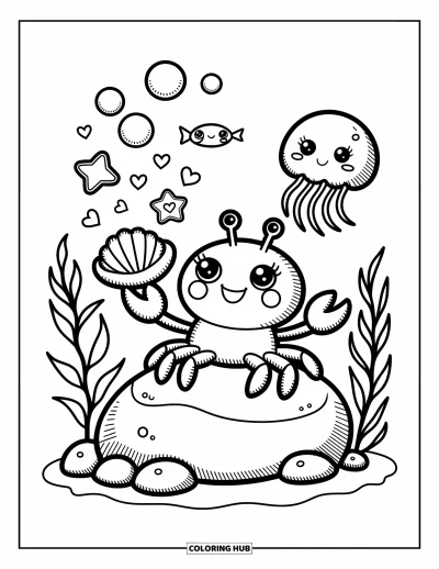 Crab Coloring Page for Adults: A crab sits on a rock blowing cute bubbles while fish and jellyfish float nearby